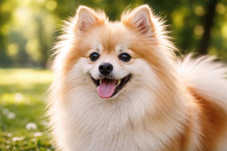 Egy német spicc kutya, boldog mosollyal, zöld háttérben.