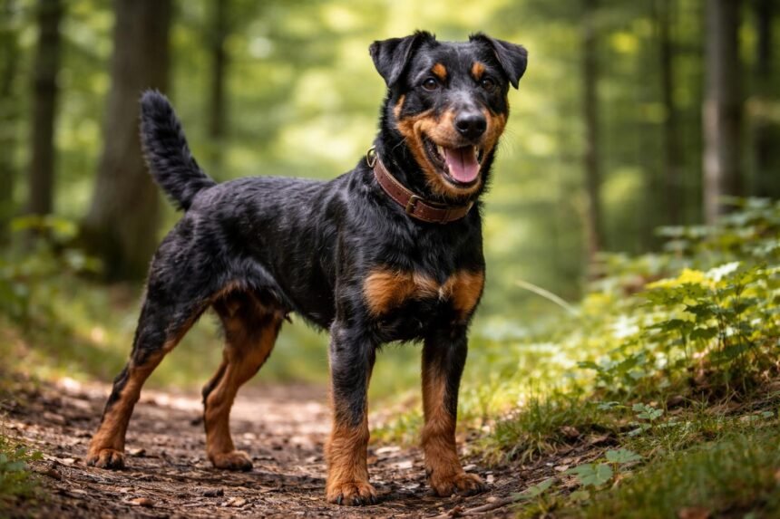 Német vadászterrier a természetben, boldog és játékos