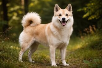 Vidám norvég buhund a természetben, energikus háziállat.