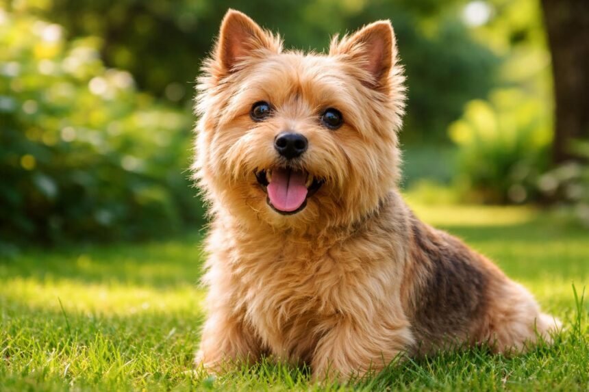Norwich terrier boldog kutyus a fűben