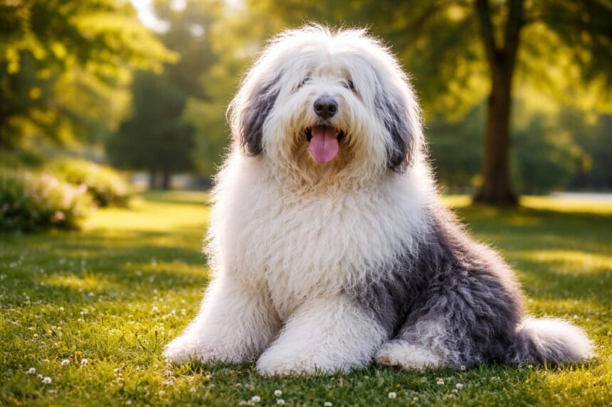 Óangol juhászkutya napsütésben ülve, zöld fűn.