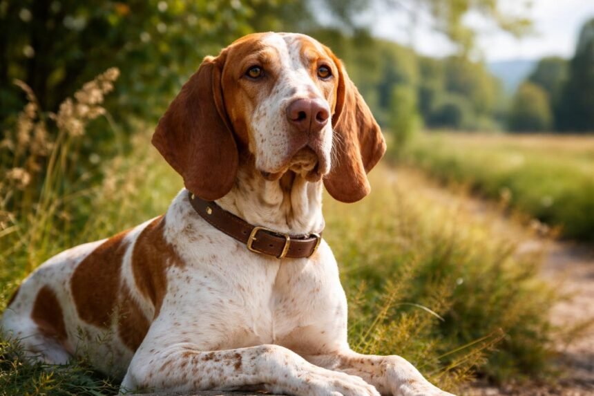 Olasz kopó pihen a természetben, energikus és elegáns vadászkutya.