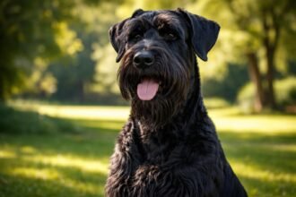 Óriás schnauzer kutya a szabadban, zöld fű háttérben