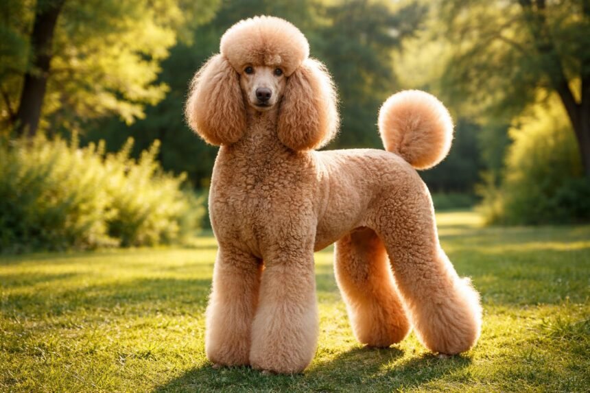 Óriás uszkár a zöld fűben, elegáns megjelenéssel.