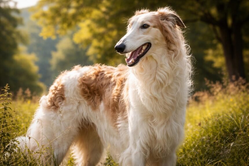 Elegáns orosz agár a természetben, barátságos arckifejezéssel.