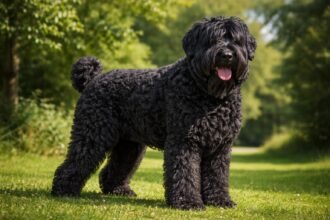 Orosz fekete terrier a természetben, hűséges és játékos kutya.