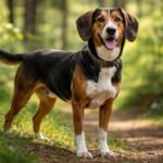 Osztrák kopó vidám arccal egy erdei ösvényen állva.