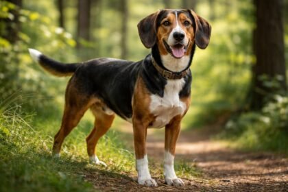 Osztrák kopó vidám arccal egy erdei ösvényen állva.