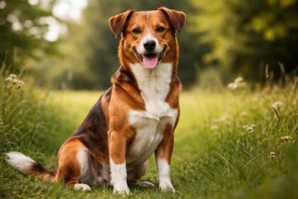 Osztrák pinscher, élénk és hűséges kutya, zöld fűben ülve