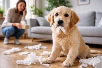 Kutyát papírzsebkendővel, házban, zűrzavaros környezetben