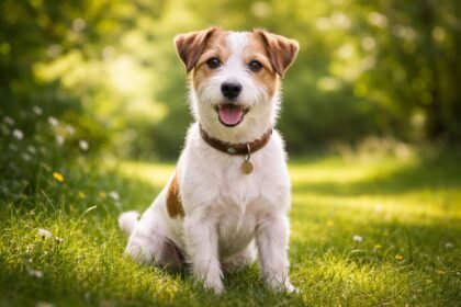 Vidám Parson Russell terrier a zöld fűben ülve.