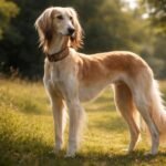 Elegáns perzsa agár áll a fűben, napfényben, gazdája mellett.