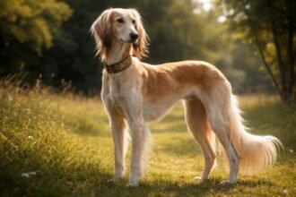 Elegáns perzsa agár áll a fűben, napfényben, gazdája mellett.