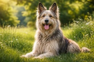 Pikárdiai juhászkutya napfényben a gyepén ülve