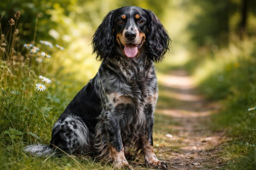 Pikárdiai kék spániel a természetben, barátságos és intelligens kutya