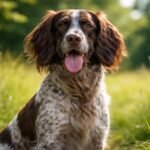 Pikárdiai spániel vidám arcképe zöld háttér előtt