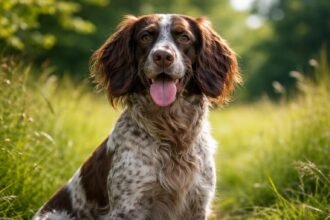 Pikárdiai spániel vidám arcképe zöld háttér előtt