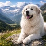 Pireneusi hegyikutya a hegyekben, virágos réten pihenve.