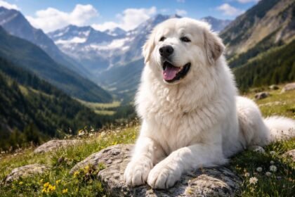 Pireneusi hegyikutya a hegyekben, virágos réten pihenve.