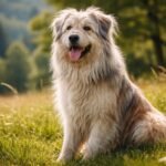 Pireneusi juhászkutya a zöld mezőn, boldogan ülve