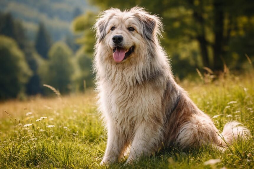Pireneusi juhászkutya a zöld mezőn, boldogan ülve