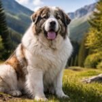 Pireneusi masztiff a természetben ülve, gyönyörű háttérrel.