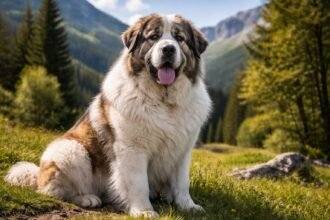 Pireneusi masztiff a természetben ülve, gyönyörű háttérrel.