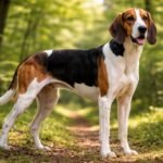 Elegáns Poitevin kopó a természetben, zöld háttérrel