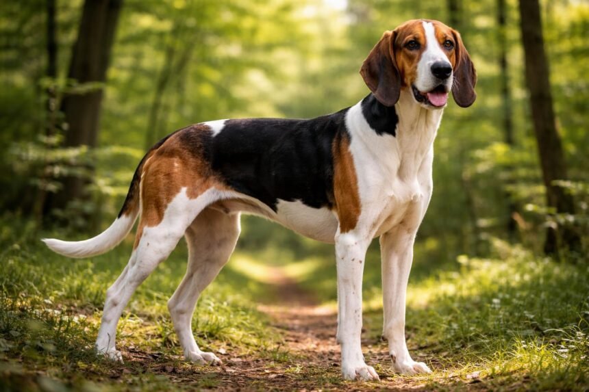 Elegáns Poitevin kopó a természetben, zöld háttérrel
