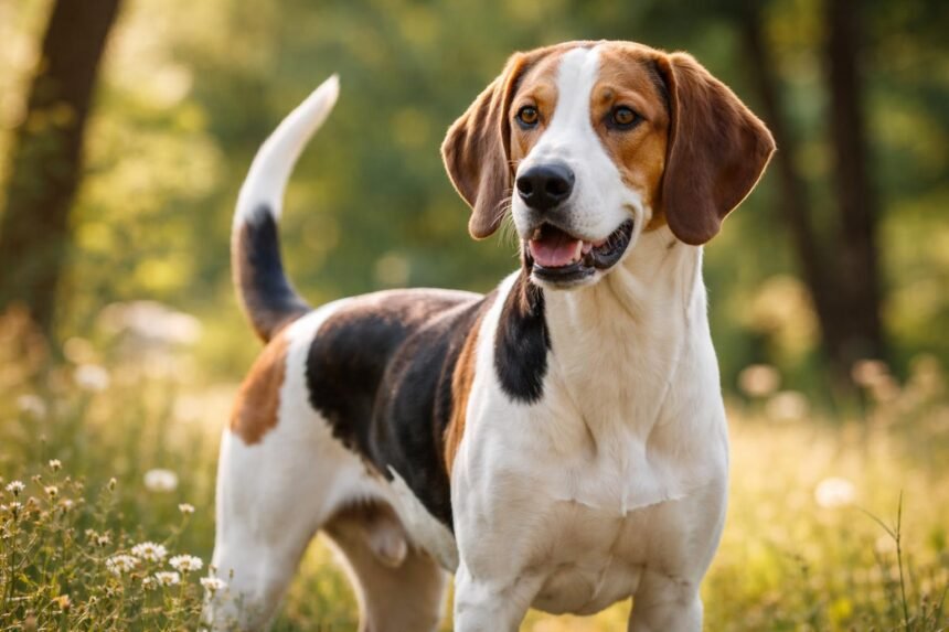 Egy porcelánkopó, elegáns vadászkutya zöld háttérben.