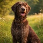 Egy pudelpointer a természetben, gyönyörű zöld háttérrel.