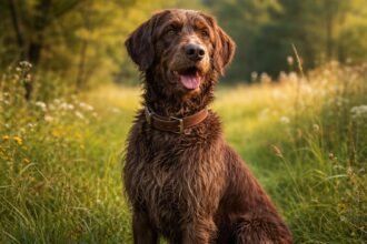 Egy pudelpointer a természetben, gyönyörű zöld háttérrel.