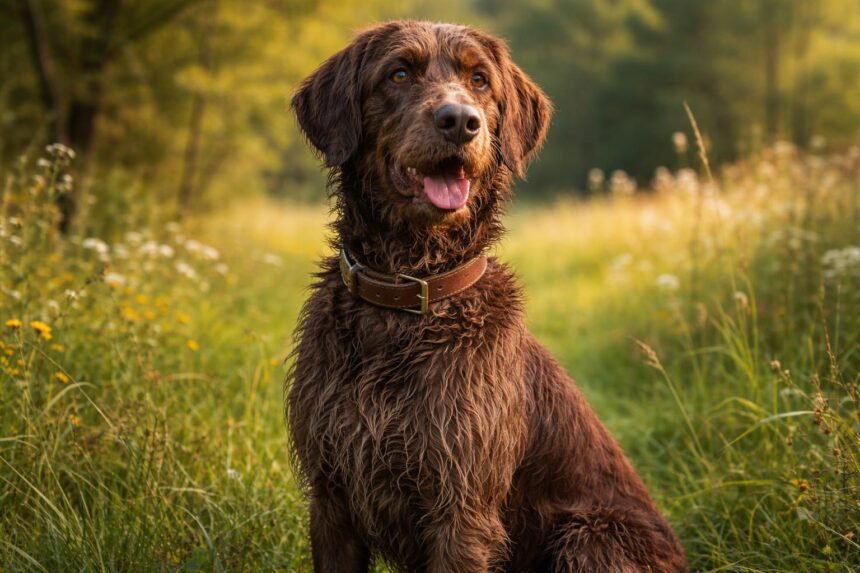 Egy pudelpointer a természetben, gyönyörű zöld háttérrel.