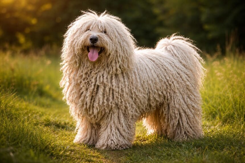 Puli kutya a fűben, hosszú zsinóros bundájával