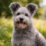 Egy boldog Pumi kutya a fűben, élénk és játékos kinézettel.