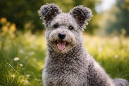 Egy boldog Pumi kutya a fűben, élénk és játékos kinézettel.