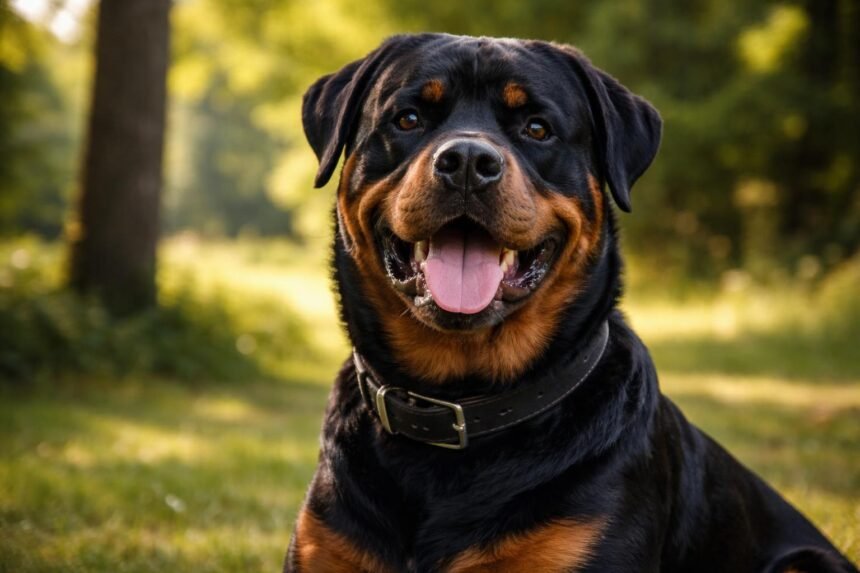 Vidám Rottweiler a természetben, hűséges és intelligens kutya