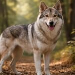 Saarloosi farkaskutya erdőben, barátságos arckifejezéssel.