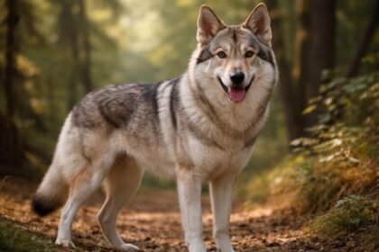 Saarloosi farkaskutya erdőben, barátságos arckifejezéssel.