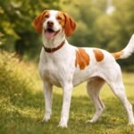 Saint-germaini vizsla állva a zöld fűben, vidám arckifejezéssel.