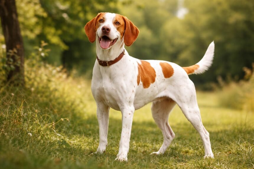 Saint-germaini vizsla állva a zöld fűben, vidám arckifejezéssel.