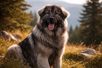 Sarplaninai juhászkutya szabadban, háttérben természetes táj