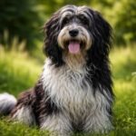 Vidám Schapendoes kutya zöld fűben ülve