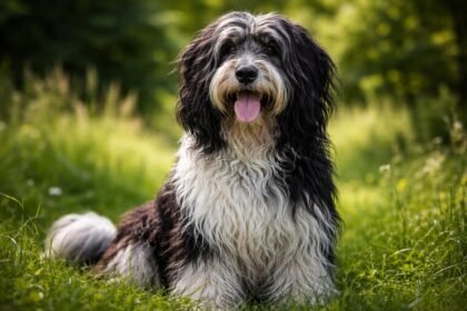 Vidám Schapendoes kutya zöld fűben ülve