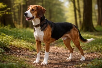 Szép Schiller-kopó kutya az erdőben, játékos és barátságos megjelenéssel.