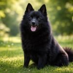 Egy Schipperke kutya a zöld fűben ülve, mosolyogva.