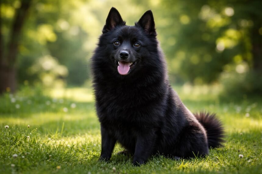 Egy Schipperke kutya a zöld fűben ülve, mosolyogva.