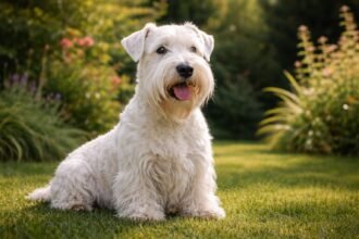 Sealyham terrier kutya a kertben, vidám és barátságos megjelenéssel.