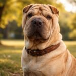 Egy ráncos shar pei kutya a szabadban, bőr nyakörvvel.