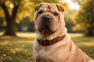 Egy ráncos shar pei kutya a szabadban, bőr nyakörvvel.
